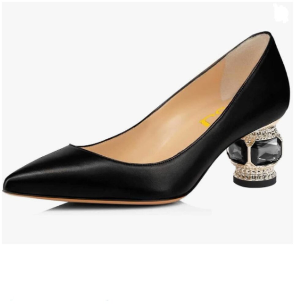 FSJ Black Bridal Pointed Toe Low Heel Crystal Pumps Slip on Wedding Shoes